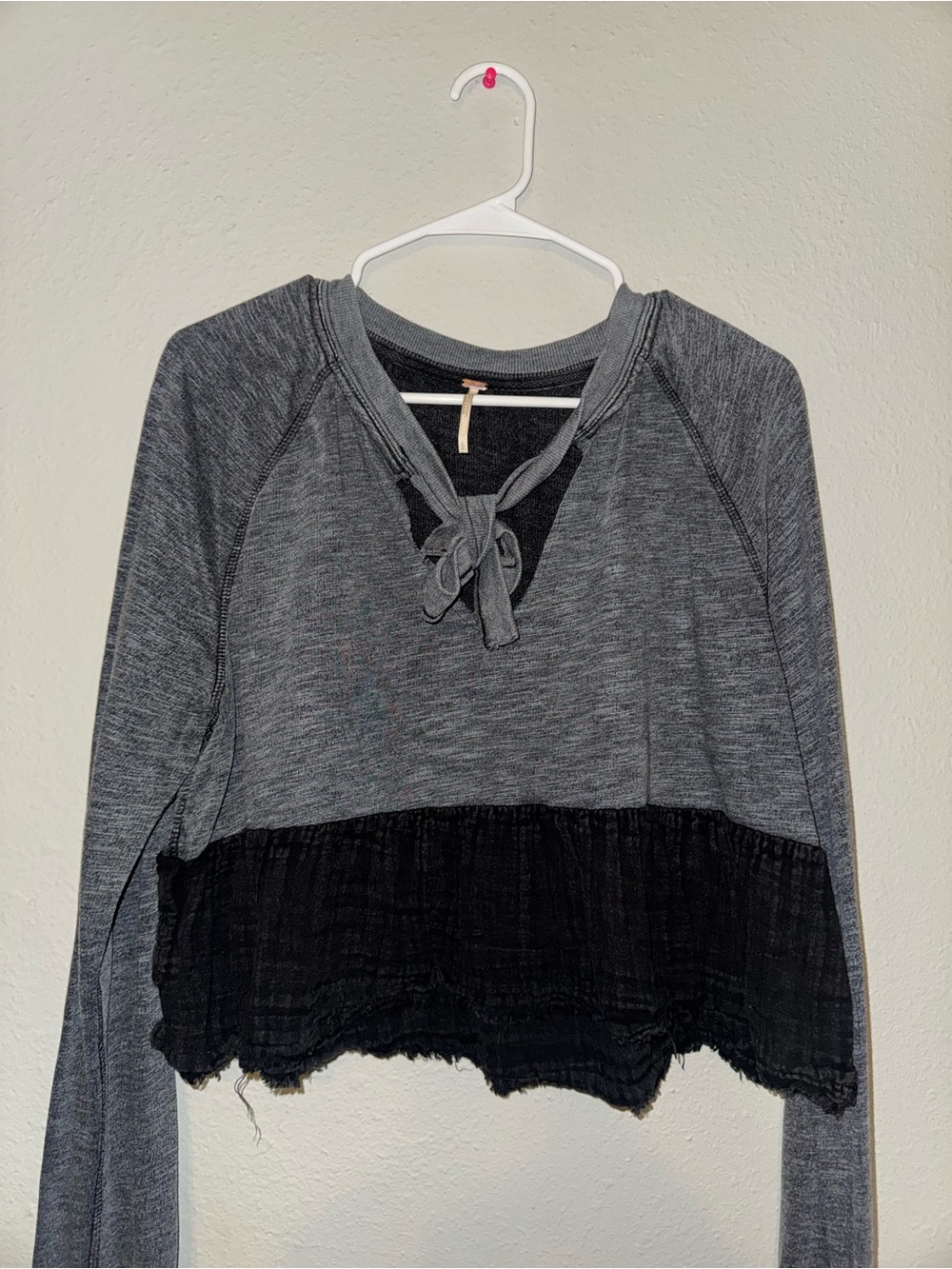 Free People Grey and Black Tie-Front Cropped Sweatshirt